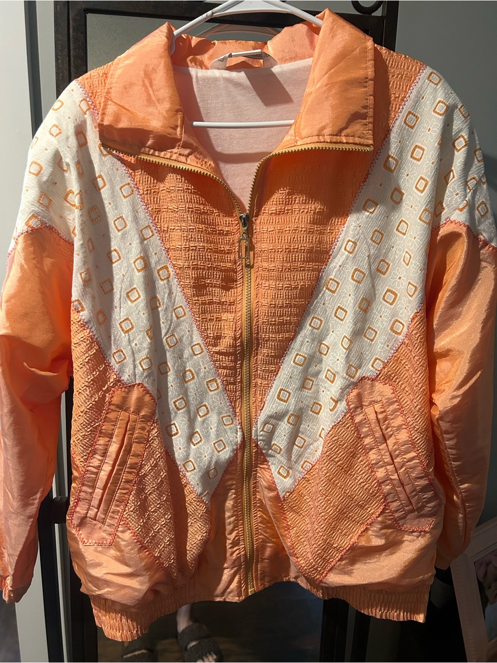 Womens Vintage Peach and White Zip-Front Bomber Jacket